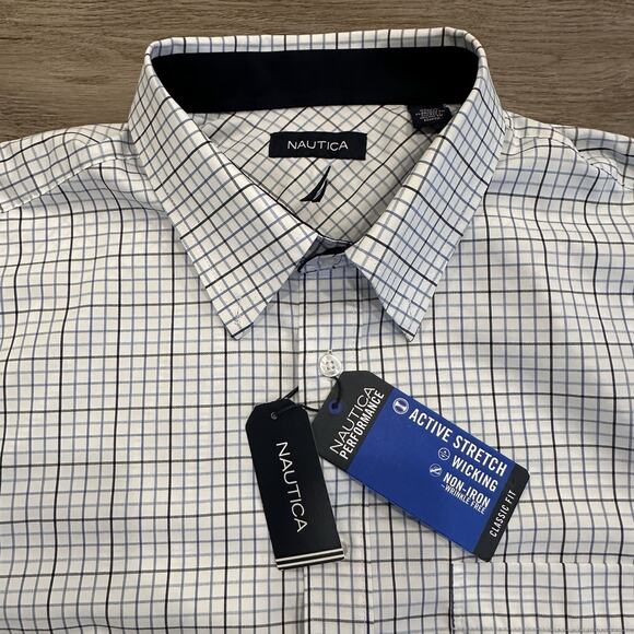 Nautica NWT Classic-Fit Wrinkle-Resistant Plaid Button-Down Shirt Blue Plaid XL - Picture 3 of 12